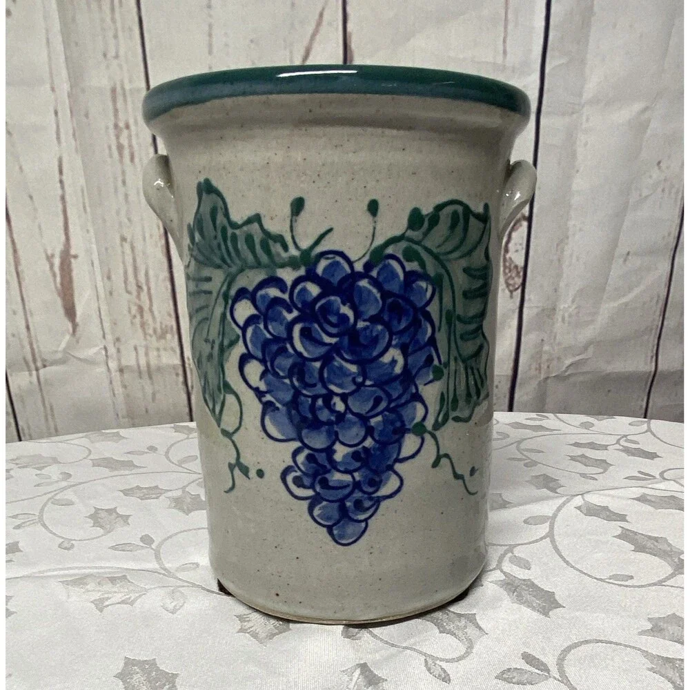 Vintage West Germany Stoneware Crock – Grape & Leaf Design – 9” – Western Stonew